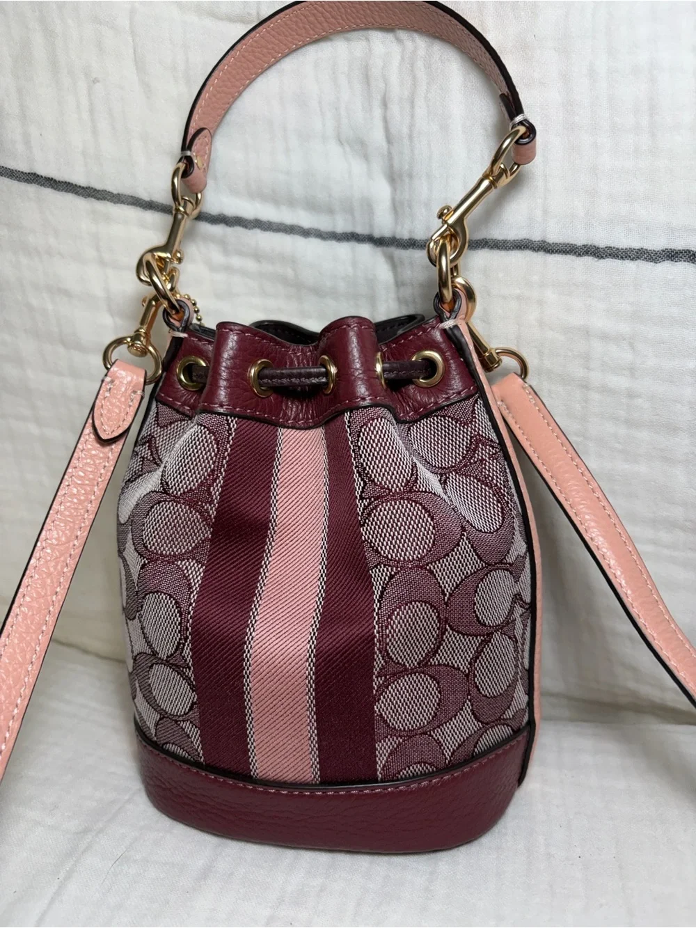 Coach Mini Dempsey Bucket Bag Burgundy and Pink